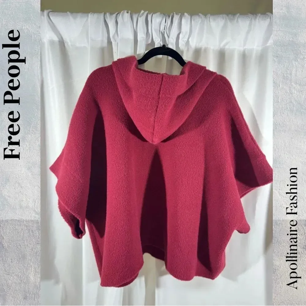 Free People Toggle Poncho In Wine Hooded OS one size